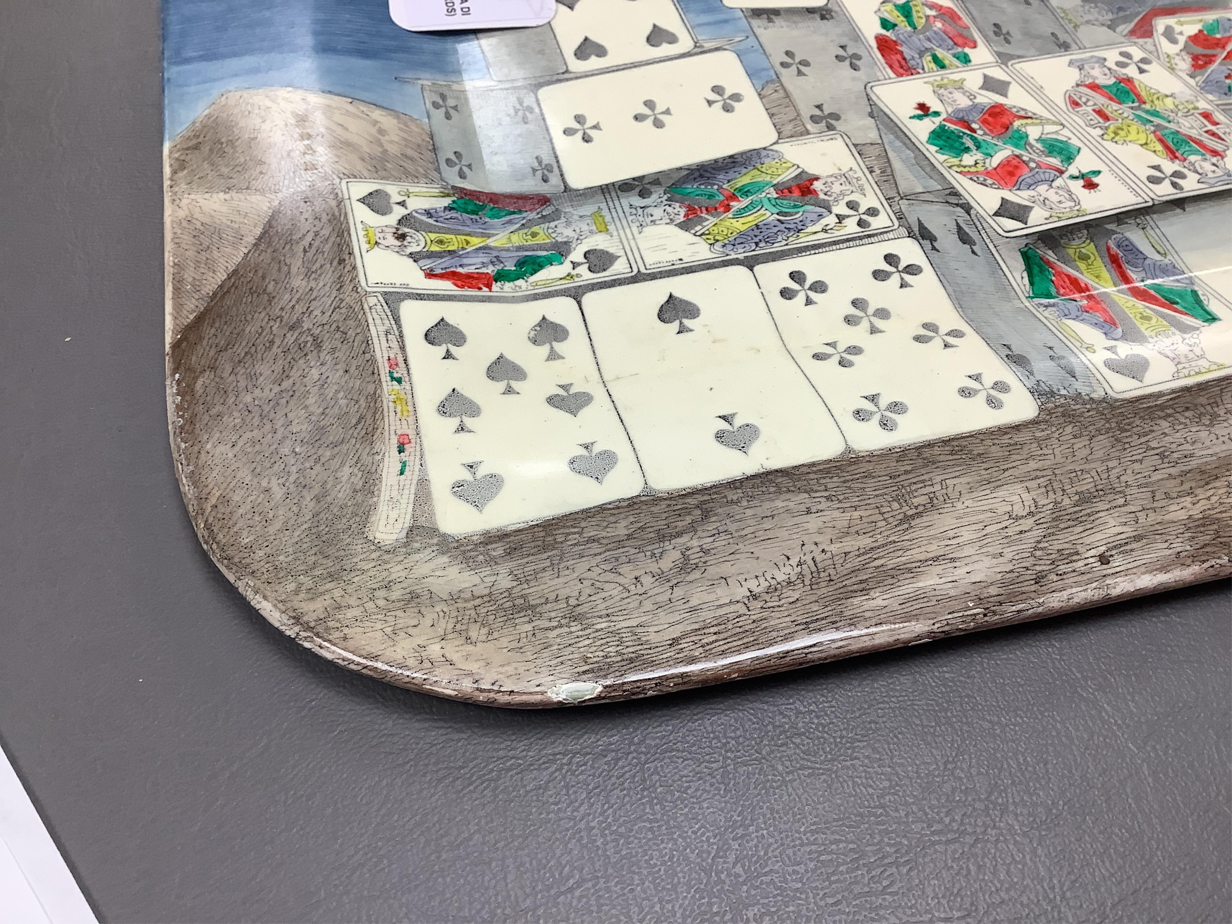 A Fornasetti 'Citta di Carte' (City of Cards) rectangular tin tray, 59cm wide